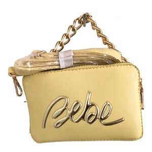 Bebe yellow double zipper gold chain link & detachable crossbody mini camera bag